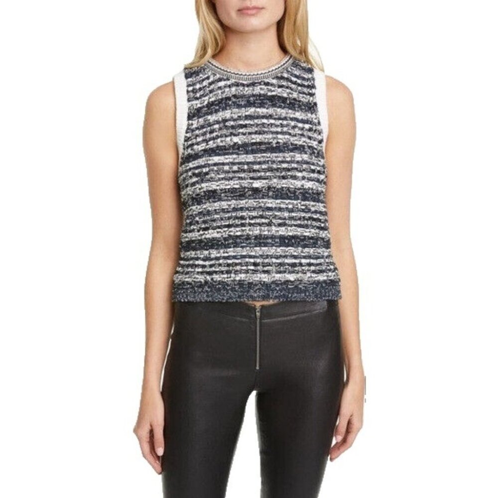 Alice + Olivia Black & White Tweed Knit Sleeveless Top W/ Chain Trim, Size M NWT